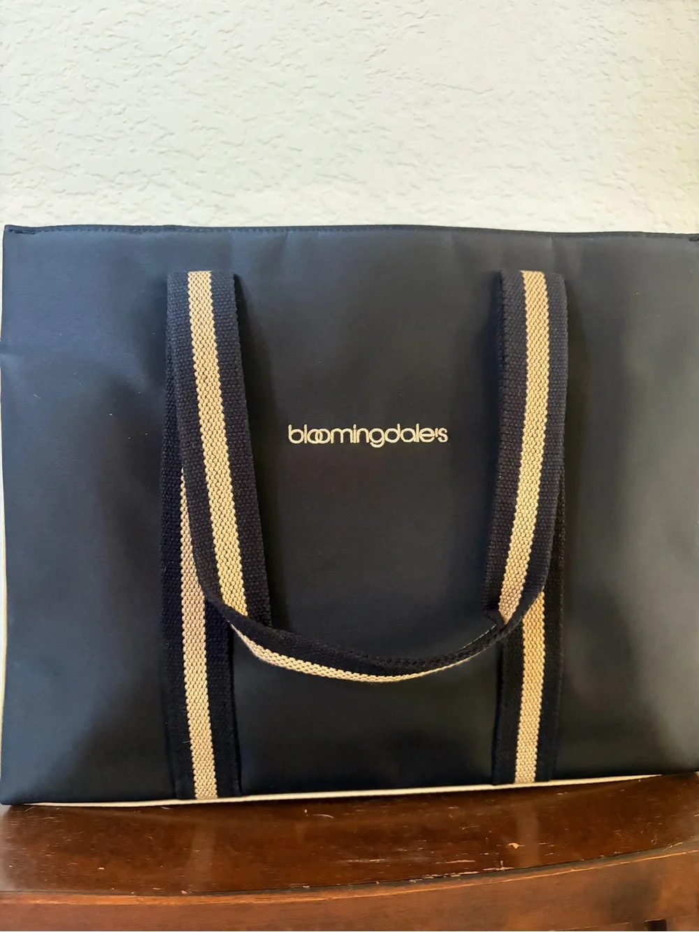 Bloomingdale's Navy Messenger Bag with Tan Stripe Handles
